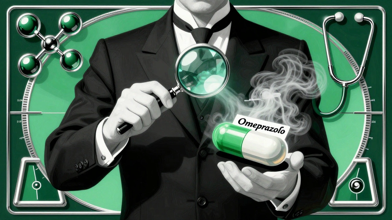 Farmacista che esamina due pillole in stile Art Deco, con molecole che si dissolvono e ombre di interazioni.