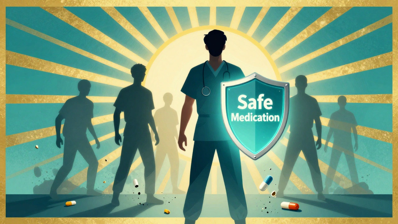 Paziente protetto da uno scudo di sicurezza farmacologica, mentre farmaci riduttori di acido si sgretolano.