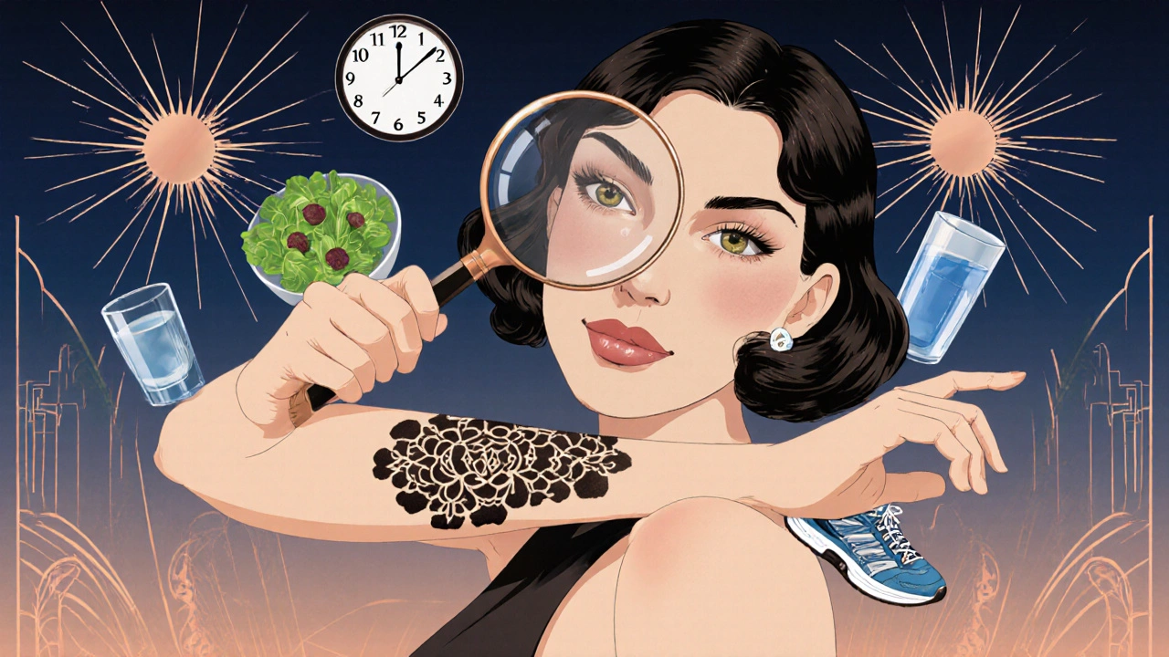 Donna che osserva macchie scure sulla pelle con lente d&#039;ingrandimento, simboli di salute intorno.