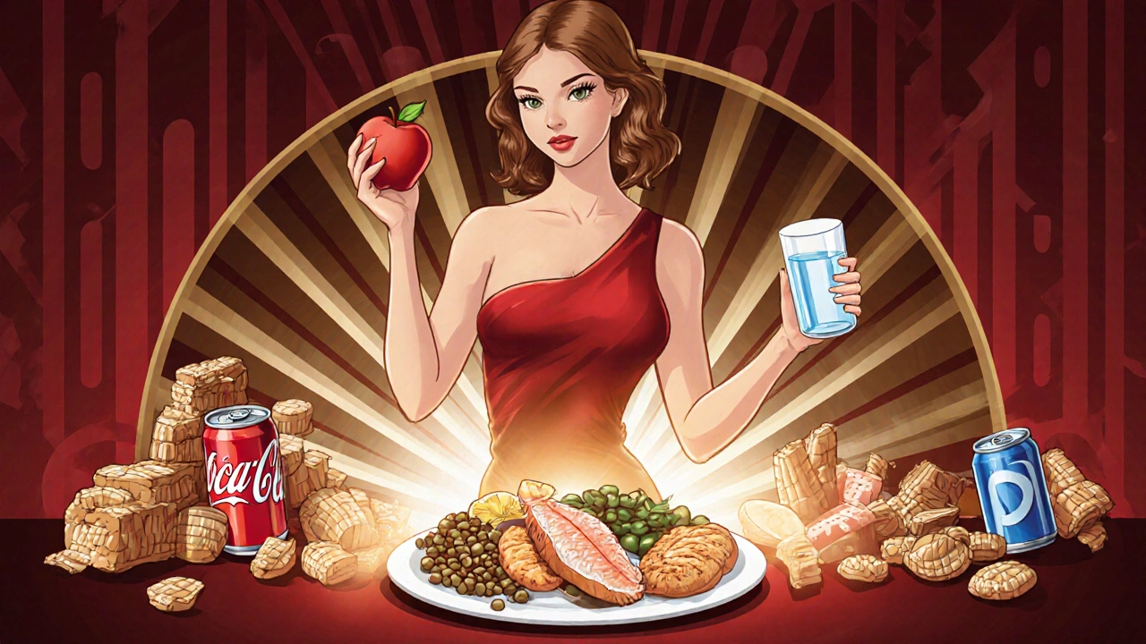 Donna con mela e acqua, accanto a una piramide di cibi industriali, mentre un piatto mediterraneo brilla ai suoi piedi.