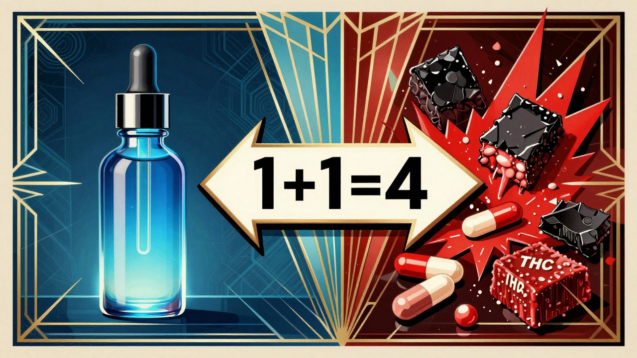 Due lati opposti: CBD sicuro e THC+oppioidi pericolosi, con freccia &#039;1+1=4&#039; in stile pubblicitario Art Deco.