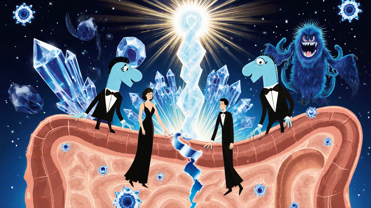 Microscopio artistico con batteri amici che riparano l&#039;intestino, cristalli di butirrato e molecole tossiche cacciate via.