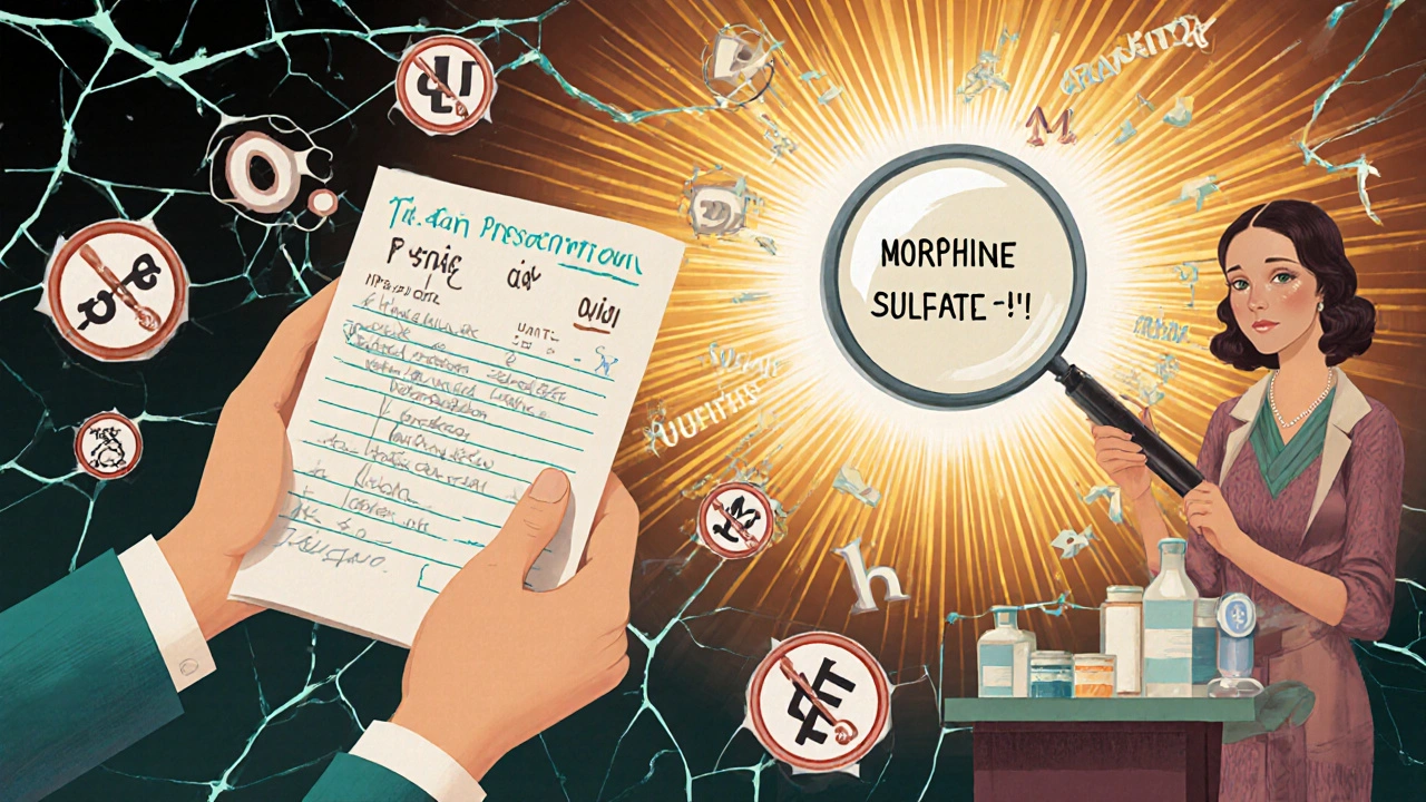 Paziente circondato da simboli pericolosi mentre una farmacista li trasforma in istruzioni chiare.