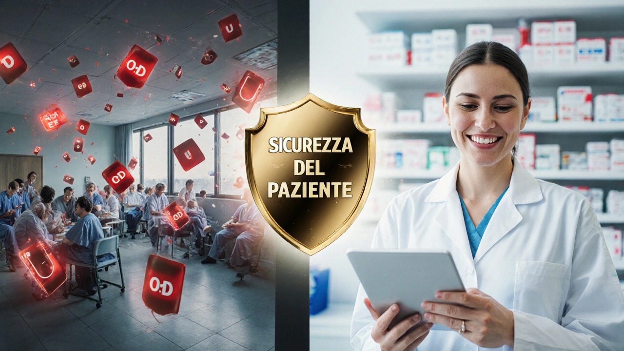 Scena a due facce: confusione e sicurezza a confronto con abbreviazioni mediche in stile Art Deco.