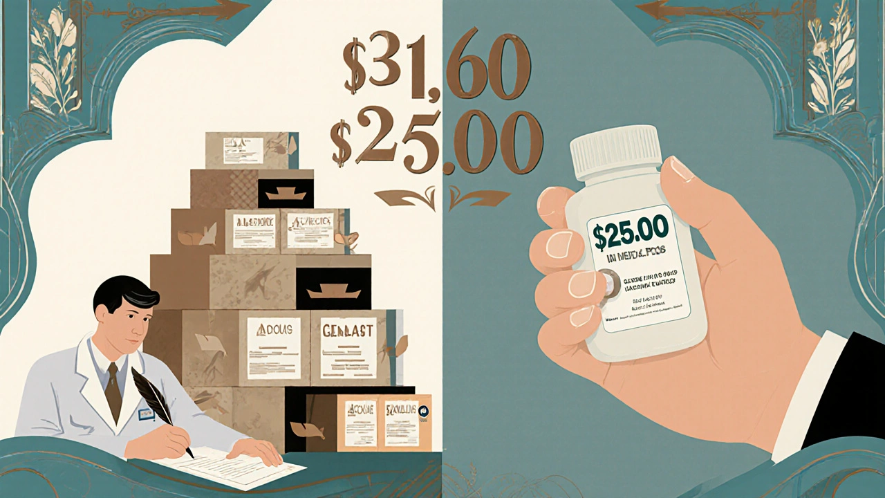 Stile Art Deco: farmacista che consegna un farmaco generico con prezzo scontato