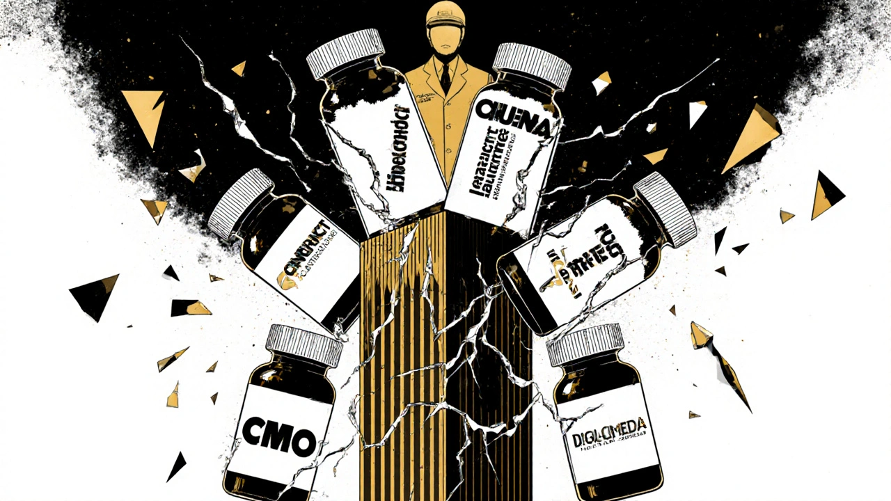 Torre di farmaci generici che crolla a causa di un difetto nel produttore contrattuale, con cinque marchi che si rompono insieme.