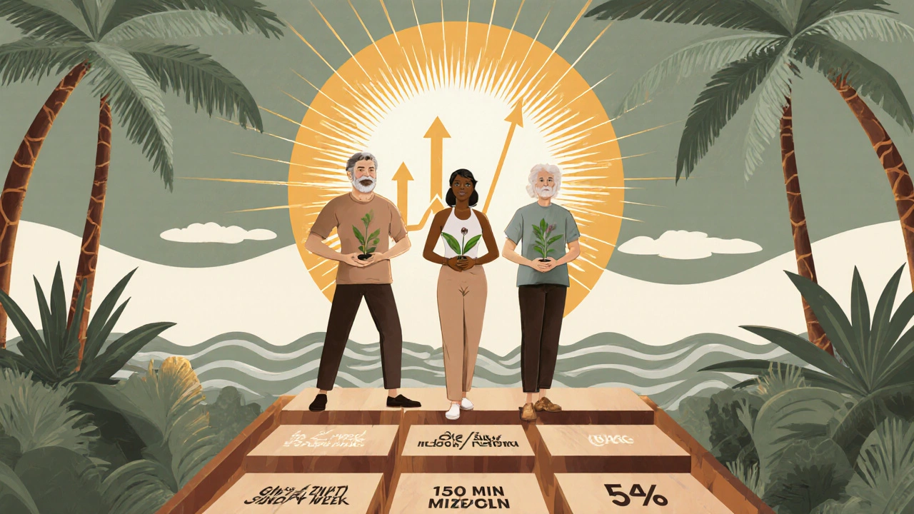 Tre persone su un sentiero di cambiamenti sani, piante che crescono dalle mani, sole radiante in stile Art Deco.