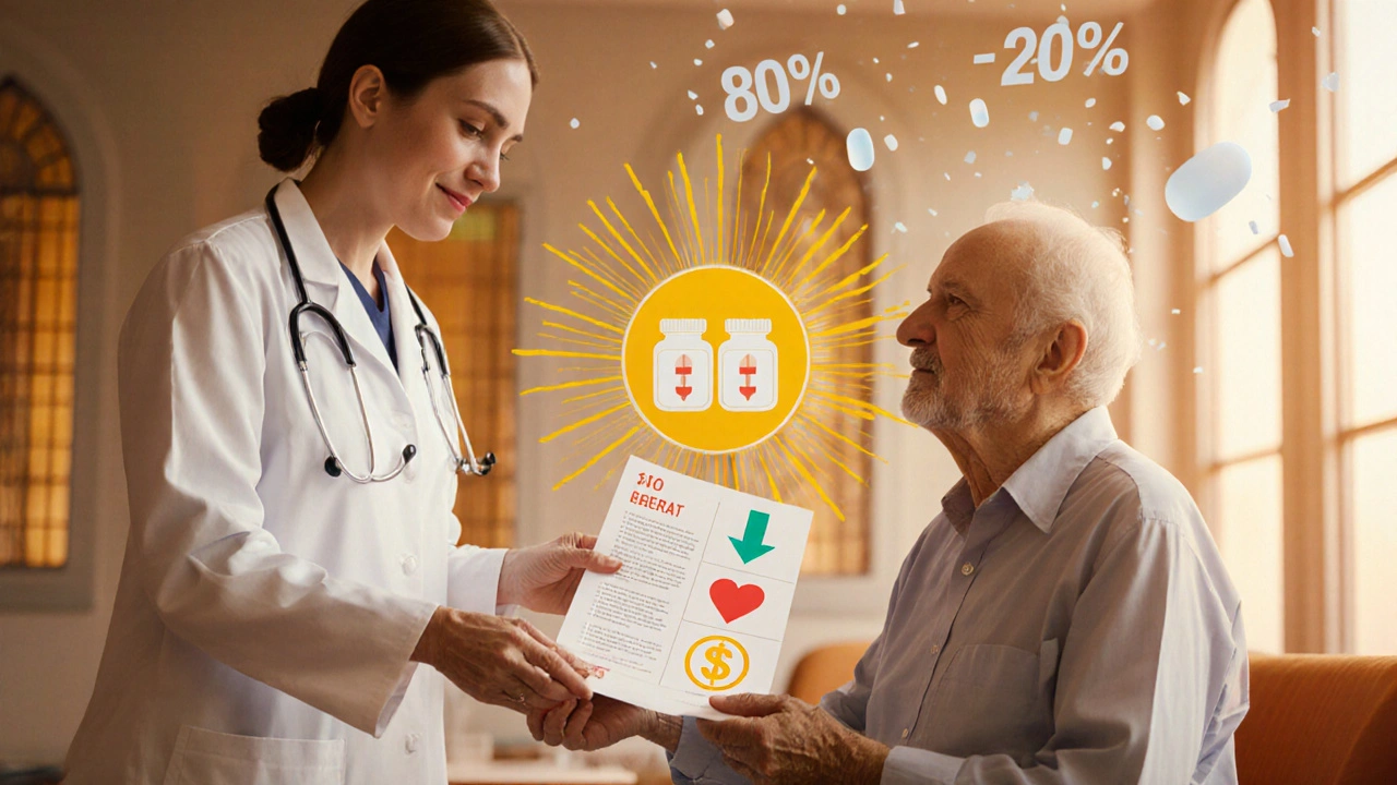 Un medico consegna un&#039;infografica a un paziente anziano, con elementi geometrici e luce calda, stile Art Deco.