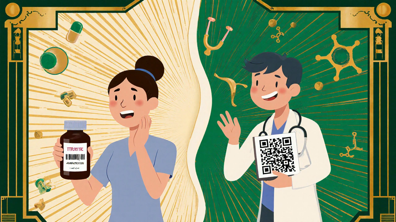 Un paziente riceve un volantino con simboli medici e un codice QR, in stile pubblicità Art Deco.