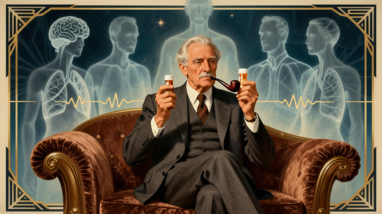 Uomo anziano che tiene cannabis e farmaci, con ombre di respirazione rallentata in stile Art Deco.