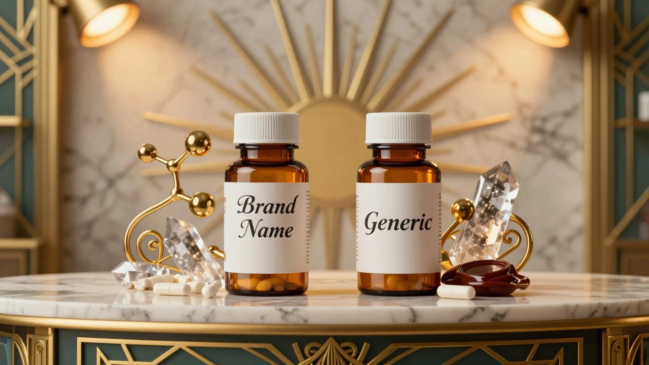 Due bottiglie di farmaci su un bancone da farmacia in stile Art Deco, con motivi molecolari e raggi solari.