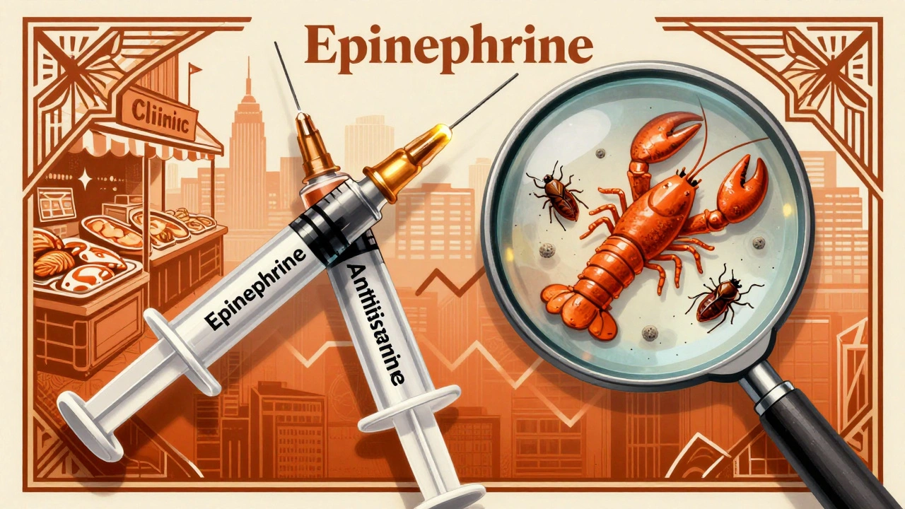 Due siringhe, una dorata di epinefrina e una grigia di antistaminico, con proteine tropomiosina visibili al microscopio.