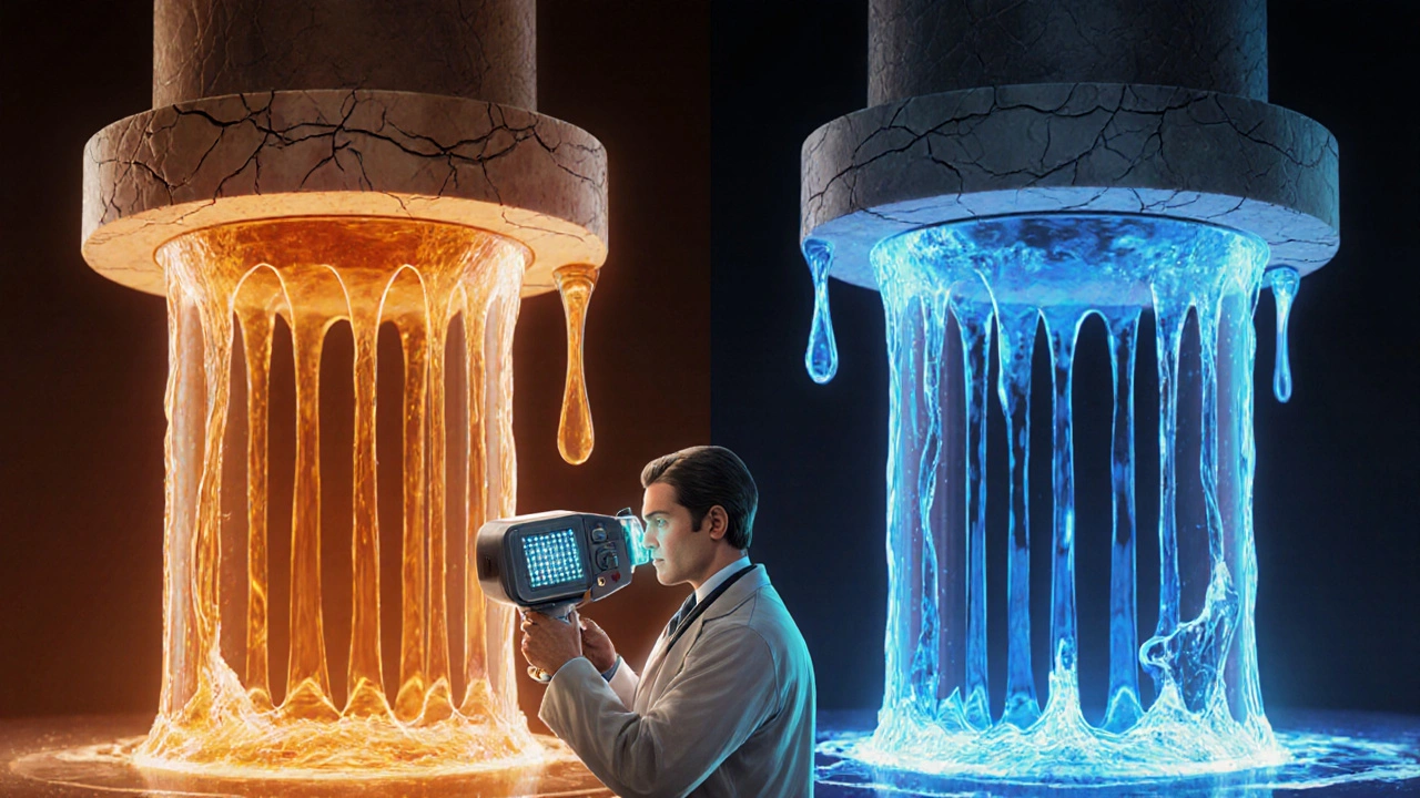 Due tipi di ghiandole di Meibomio rappresentate come colonne architettoniche, una ostruita e l&#039;altra che fuoriesce acquosa.