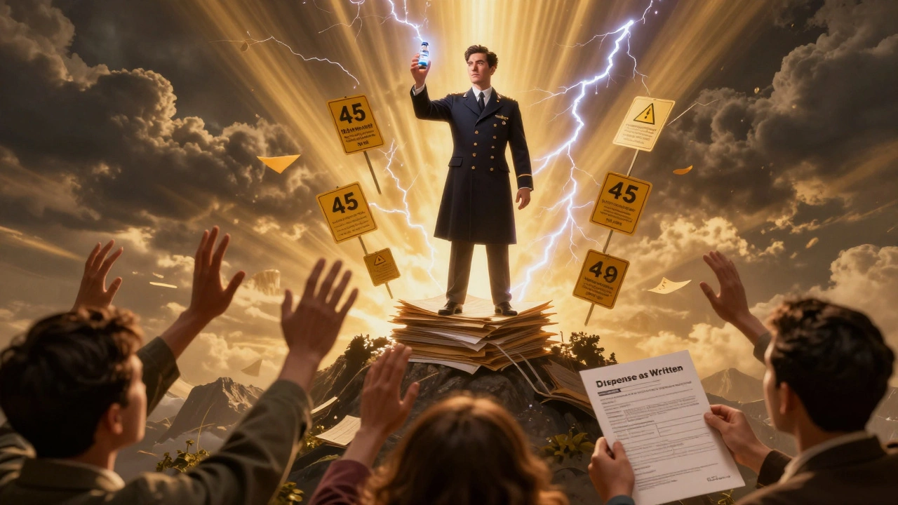 Farmacista eroico su una montagna di prescrizioni con biosimilari e stati in conflitto, stile Art Deco.