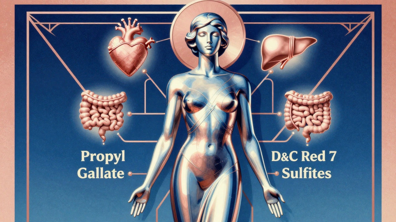 Figura umana circondata da simboli biologici collegati a ingredienti inattivi in stile Art Deco lussuoso.