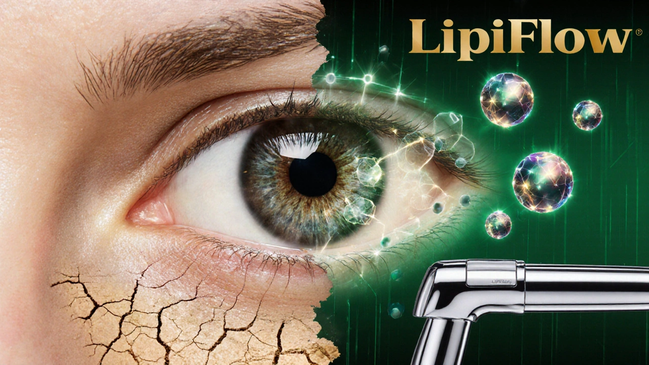 Occhio che passa da un paesaggio secco a un&#039;oasi idratata, con particelle brillanti di nanomicelle e esosomi in volo.