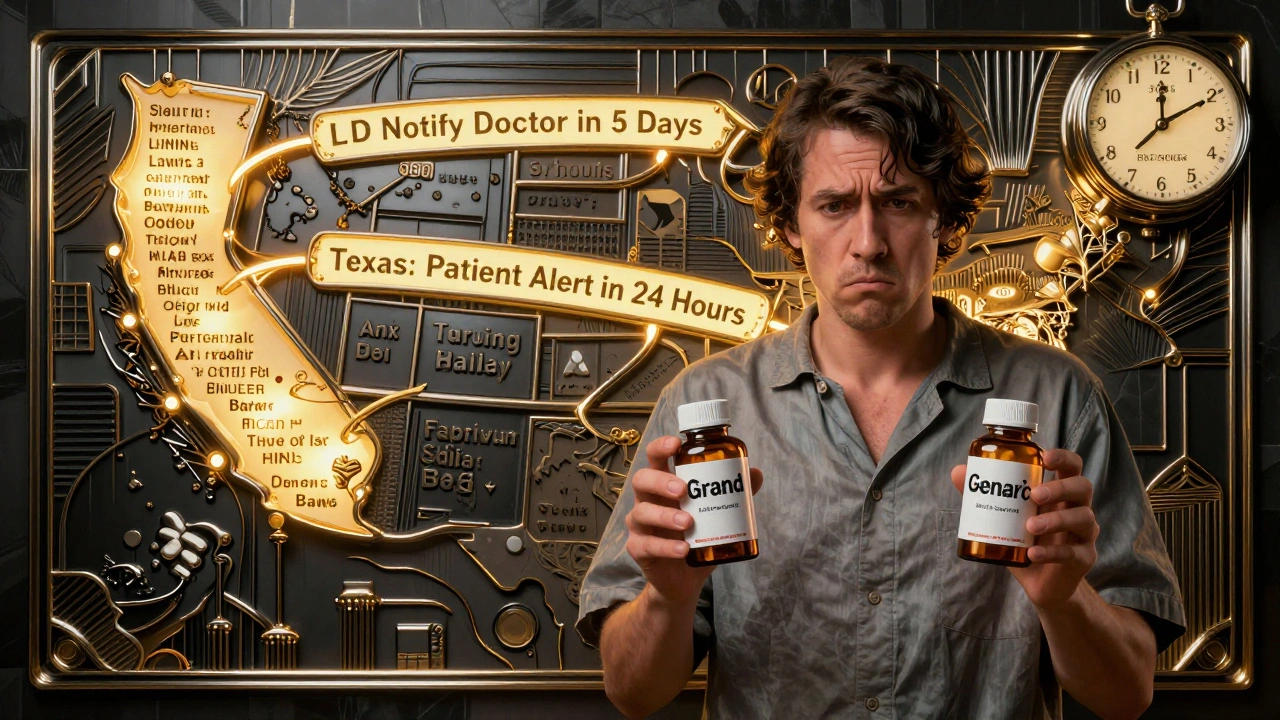 Paziente che confronta due farmaci con mappe degli stati che mostrano leggi contrastanti in stile Art Deco.