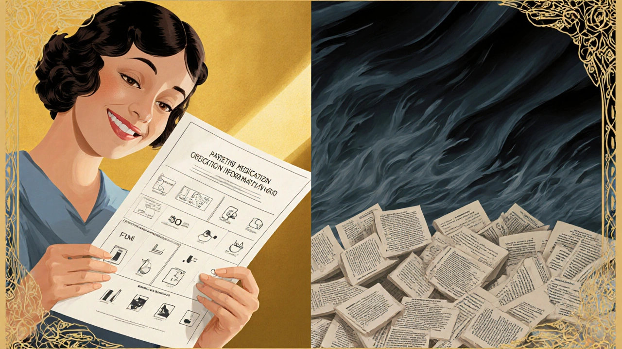 Scena a due pannelli: una pagina semplice di informazioni per pazienti contro un cumulo caotico di fogli tecnici.