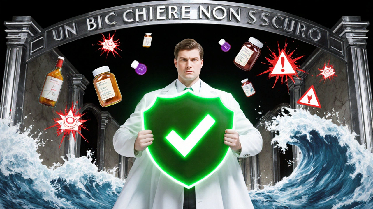 Un farmacista protegge un paziente da ondate di farmaci e alcol in stile Art Deco.