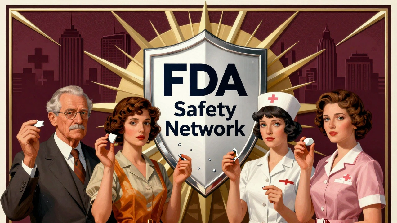 Un gruppo eterogeneo di persone forma uno scudo medico con oggetti sanitari rotti, stile Art Deco.