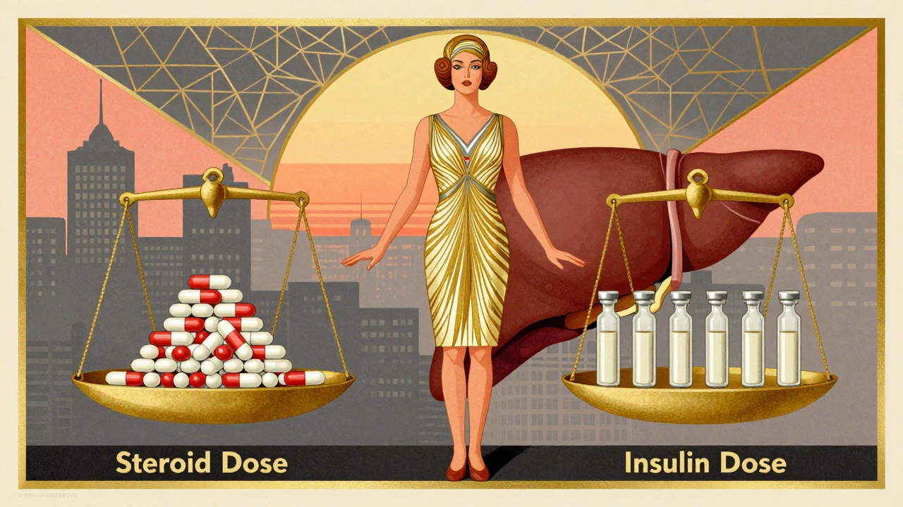 Un paziente equilibra dosi di steroidi e insulina su due bilance, con un paesaggio urbano di organi alle spalle.