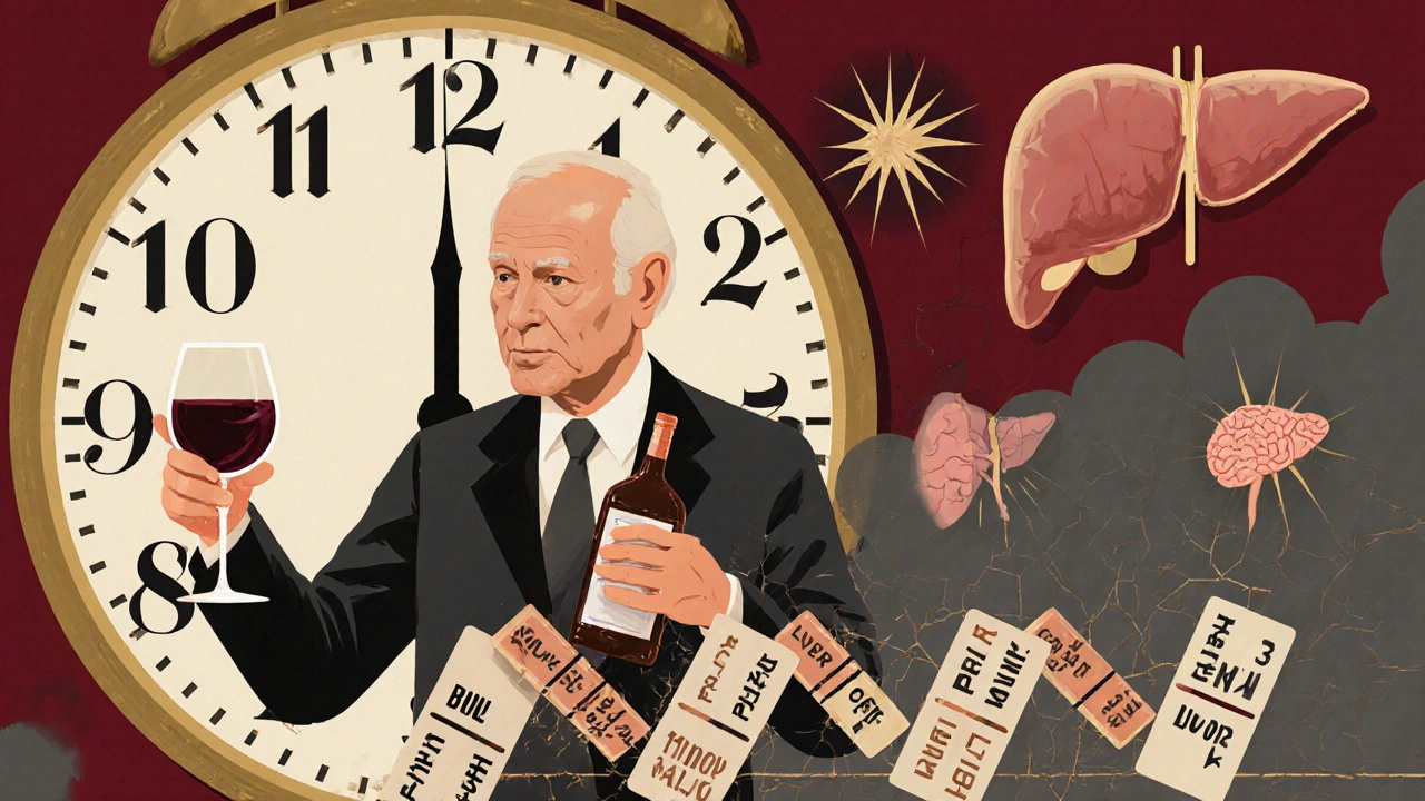 Un uomo anziano si dissolve in domino che rappresentano rischi mortali per alcol e farmaci.