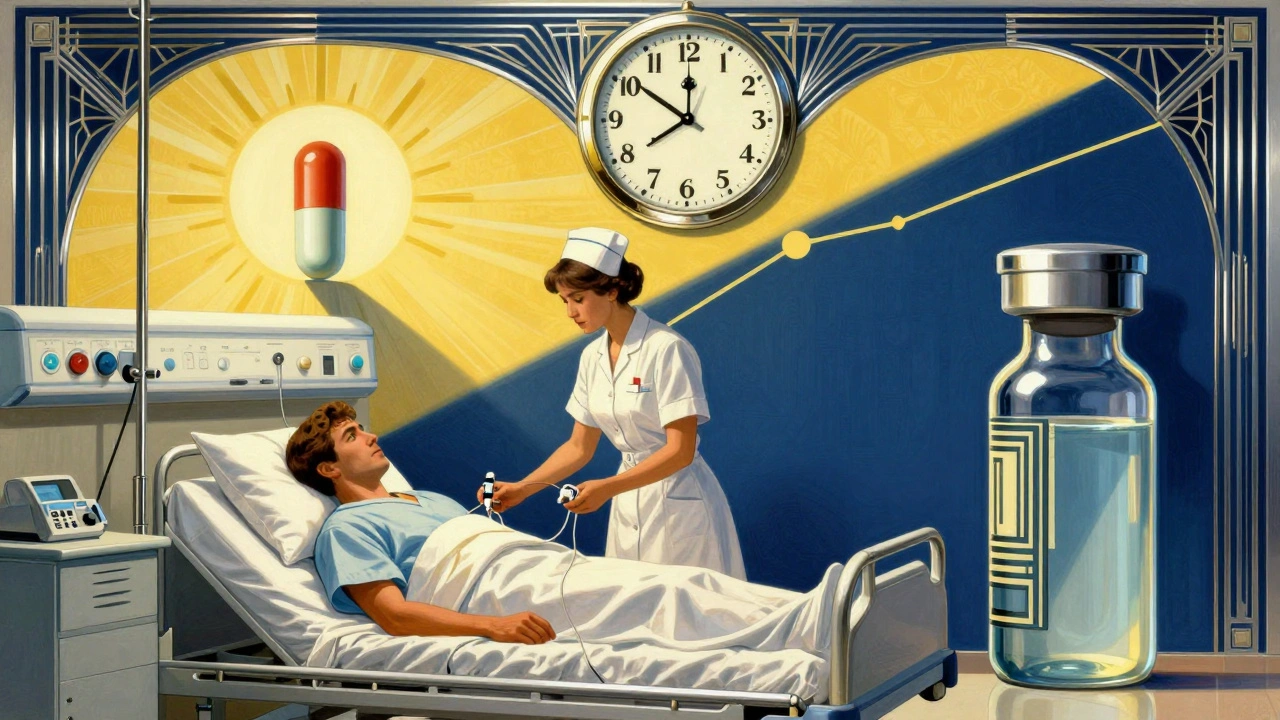 Una infermiera regola una pompa di insulina al mattino, mentre un orologio mostra le 24 ore di effetto dello steroide.