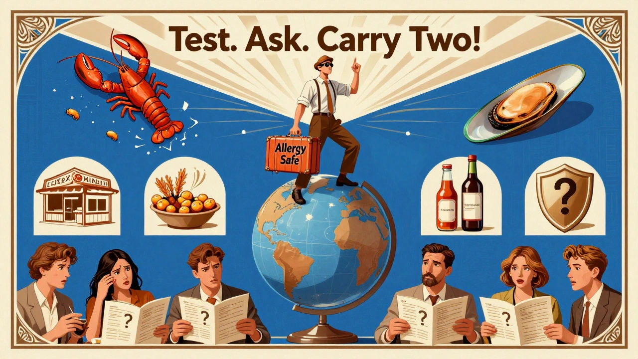 Viaggiatore sicuro che cammina su un globo, evitando ristoranti di pesce e contaminazioni nascoste.