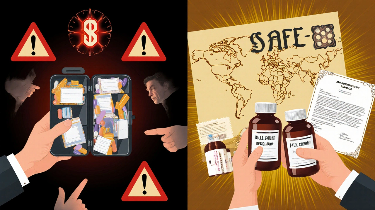 Confronto tra farmaci etichettati (luci dorate) e non etichettati (ombra e avvertimenti), stile Art Deco.