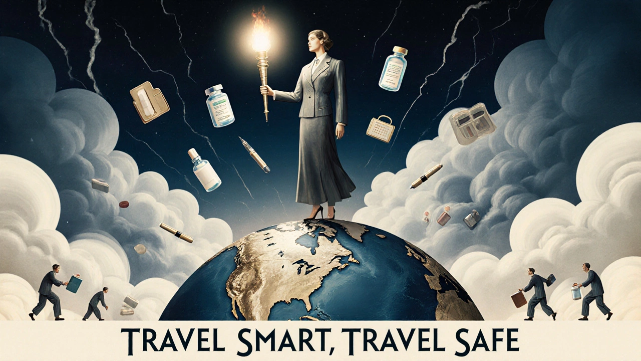 Donna che tiene una bottiglia di farmaco come una torcia su un globo, con icone mediche e stile Art Deco.