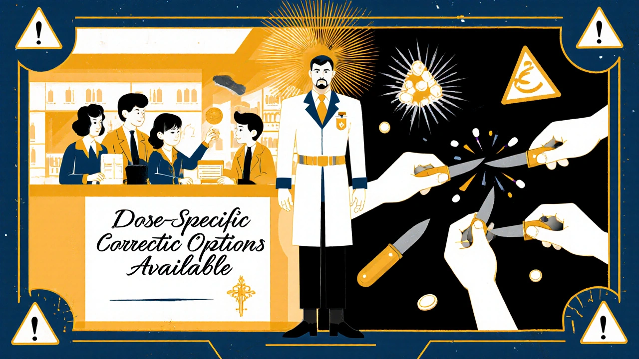 Farmacista guardiano tra sicurezza e pericolo: compresse corrette vs. compresse schiacciate in stile Art Deco.