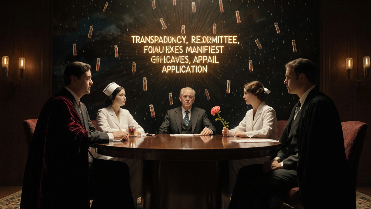 Un comitato etico decide in modo giusto, circondato da simboli di trasparenza e giustizia.