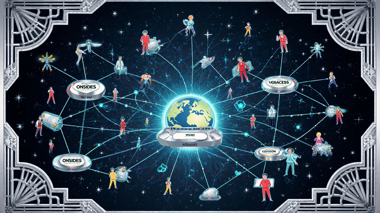 Una rete globale di segnalazioni mediche fluisce verso un cervello artificiale in un design geometrico Art Deco.