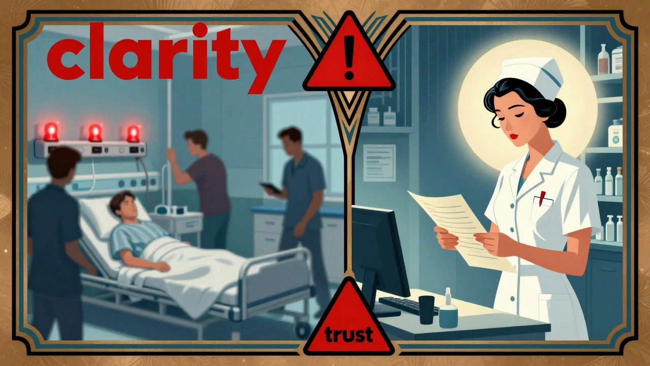 Confronto tra caos degli allarmi e calma della pratica sicura in stile pubblicità anni &#039;30.