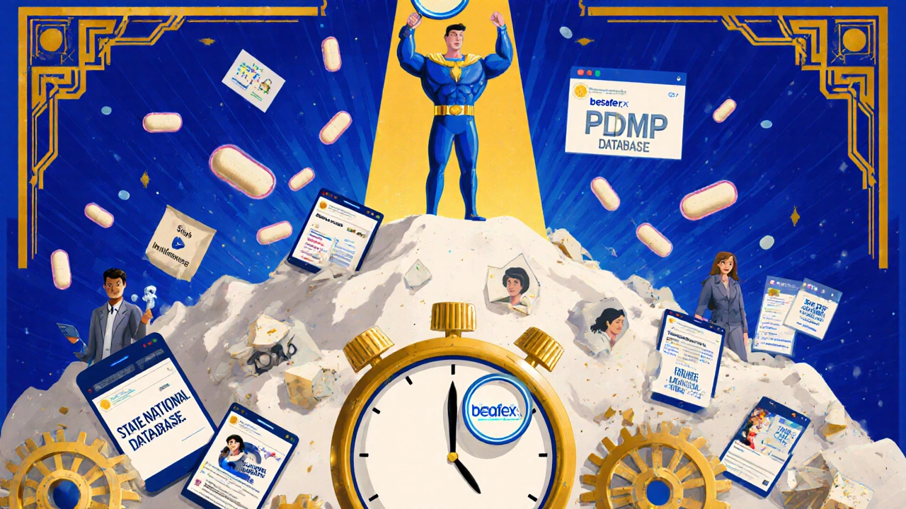 Consumatore che sconfigge pillole false con BeSafeRx, database e orologio PDMP in stile art déco vintage.