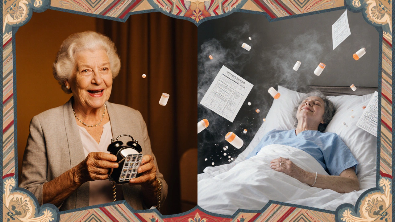 Donna anziana che assume farmaci vs. ricoverata in ospedale, stile Art Deco.