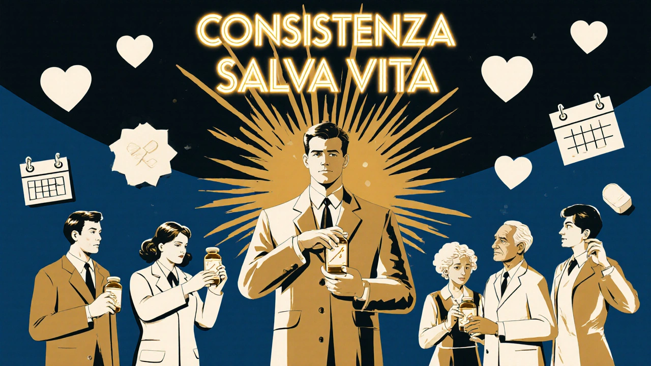 Farmacista come eroe tra pazienti e famiglie, con insegna luminosa Art Deco.