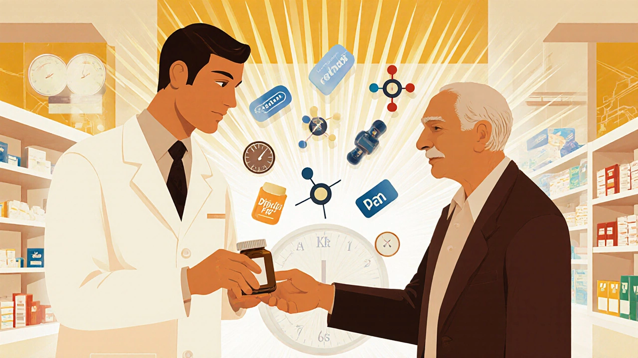 Farmacista guida un paziente anziano mentre strutture molecolari fluttuano nell&#039;aria.