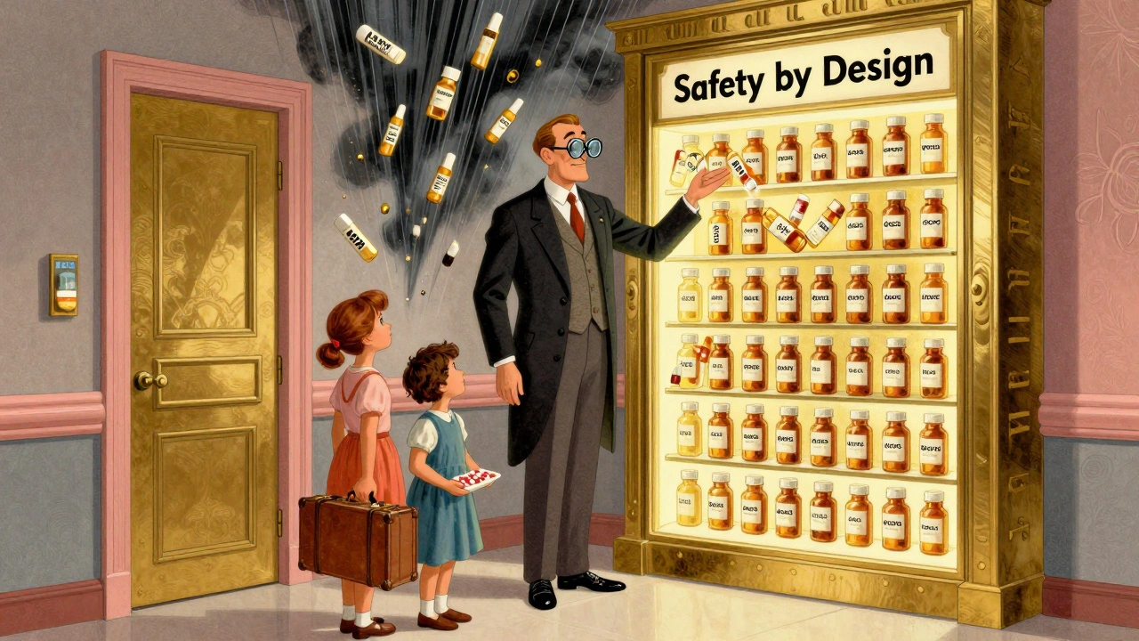 Farmacista guida una famiglia lontano dai pericoli dei farmaci in stile Art Deco.