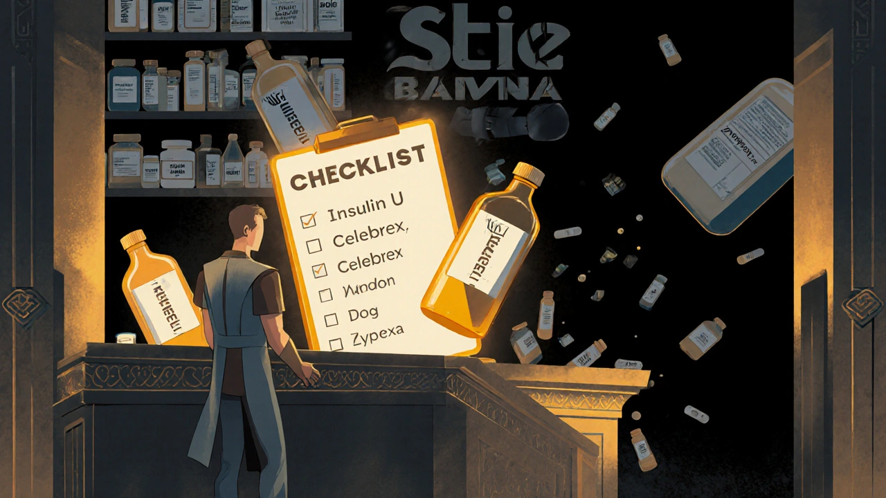 Paziente eroico protegge dalla farmacia con checklist contro errori di prescrizione in stile Art Deco.