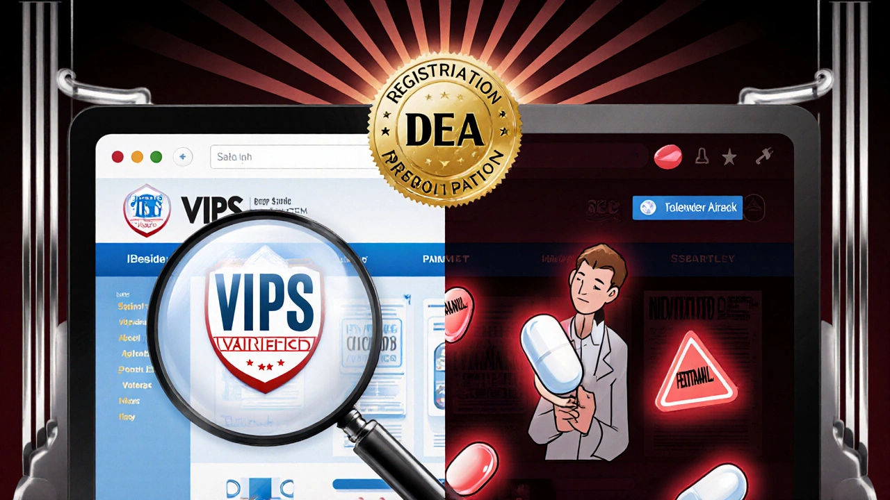 Scena divisa: farmacia online legale a sinistra, sito illegale con pillole pericolose a destra, stile art déco.