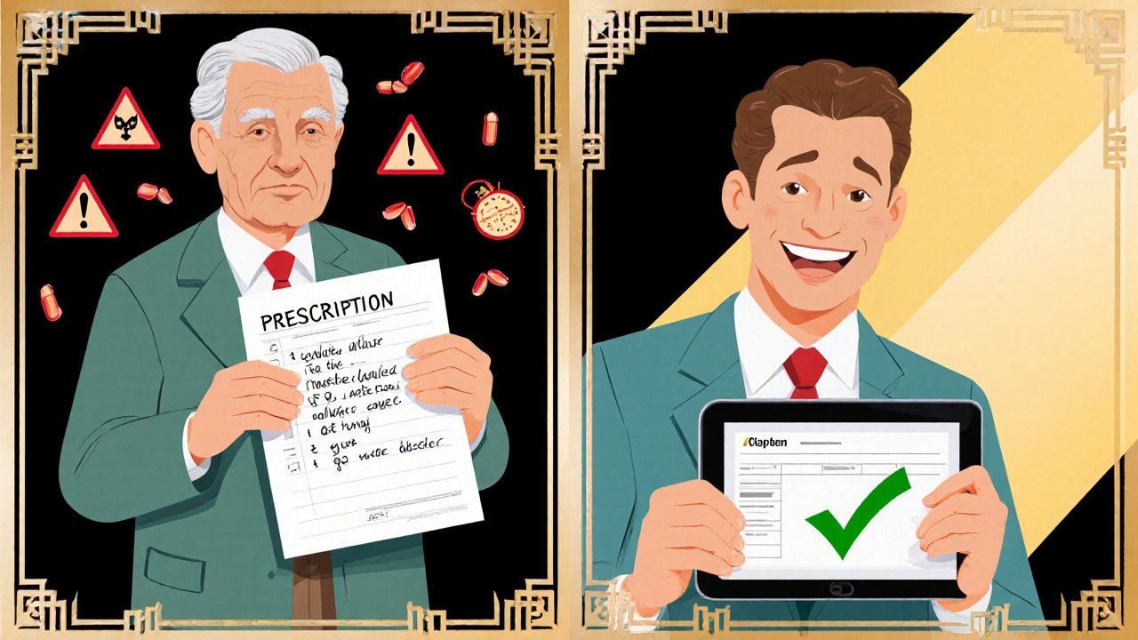 Scena divisa: prescrizione illeggibile a sinistra, prescrizione digitale chiara a destra in stile Art Deco.