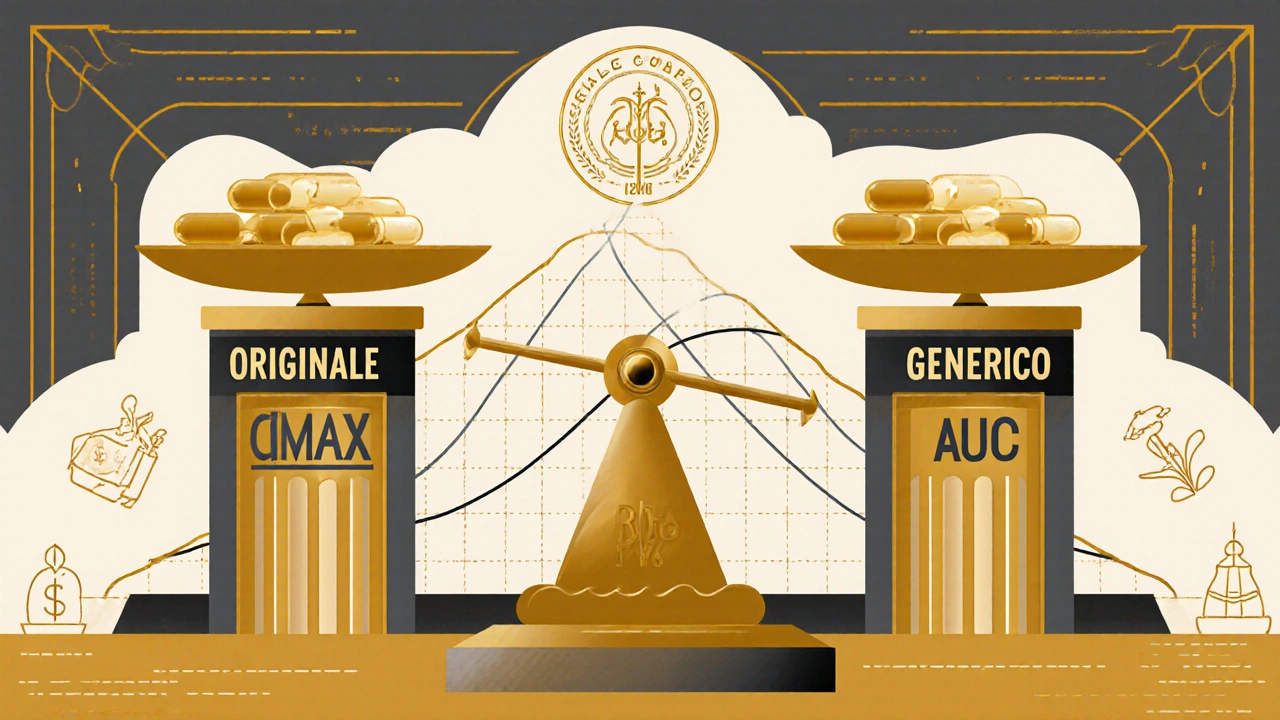 Bilancia con farmaci uguali e curve Cmax/AUC in stile Art Deco, entro limiti regolatori.
