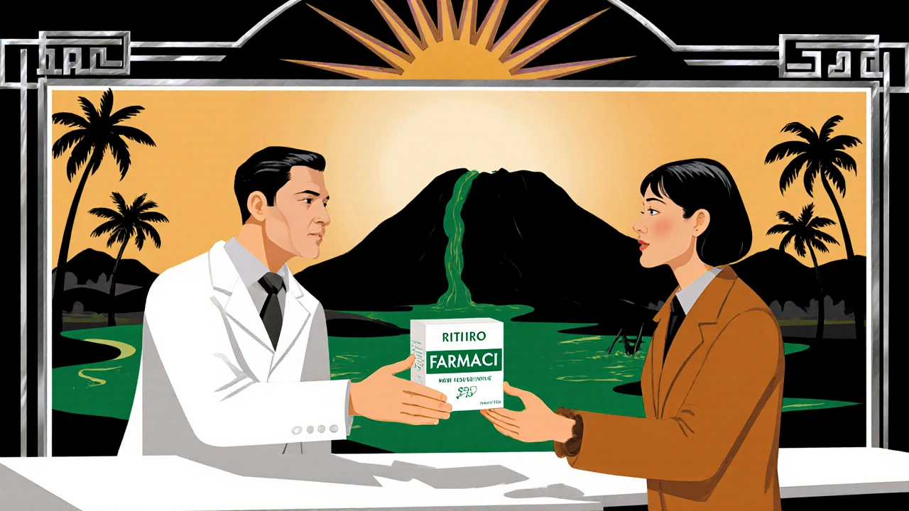 Farmacista consegna un contenitore per il ritiro dei farmaci, sfondo di discarica nascosta.