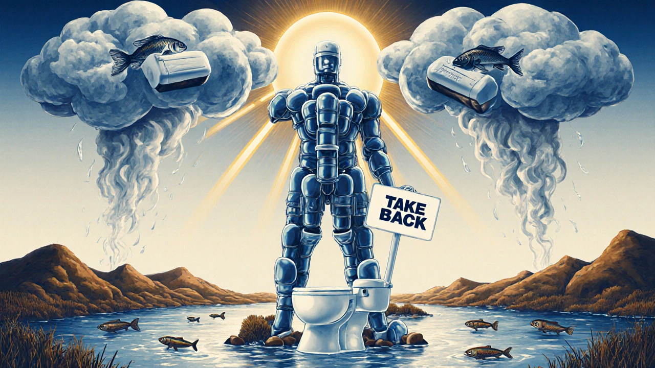 Figura eroica di pillole distrugge un water, illuminando fiumi puliti in stile Art Deco.