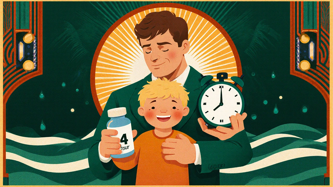 Padre con bambino febbrile, ibuprofene e sole che simboleggia la riduzione della febbre.