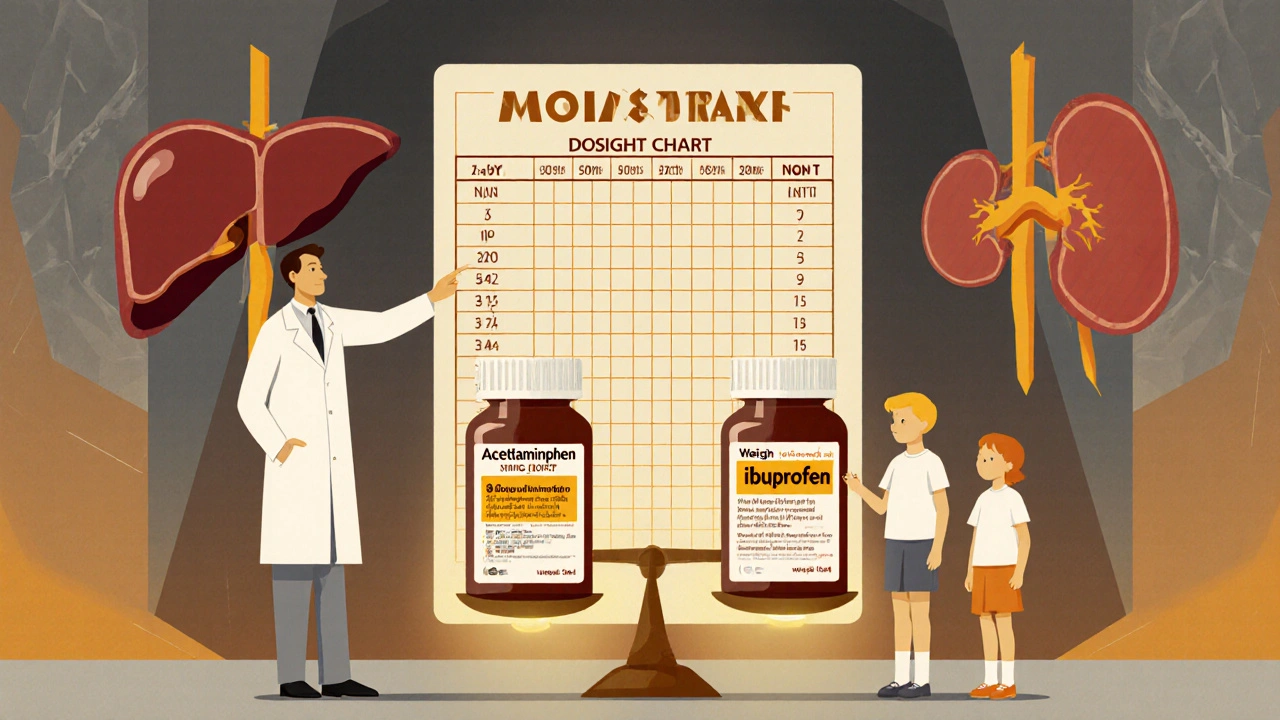 Pediatra mostra una tabella di dosaggio basata sul peso per due bambini di dimensioni diverse.