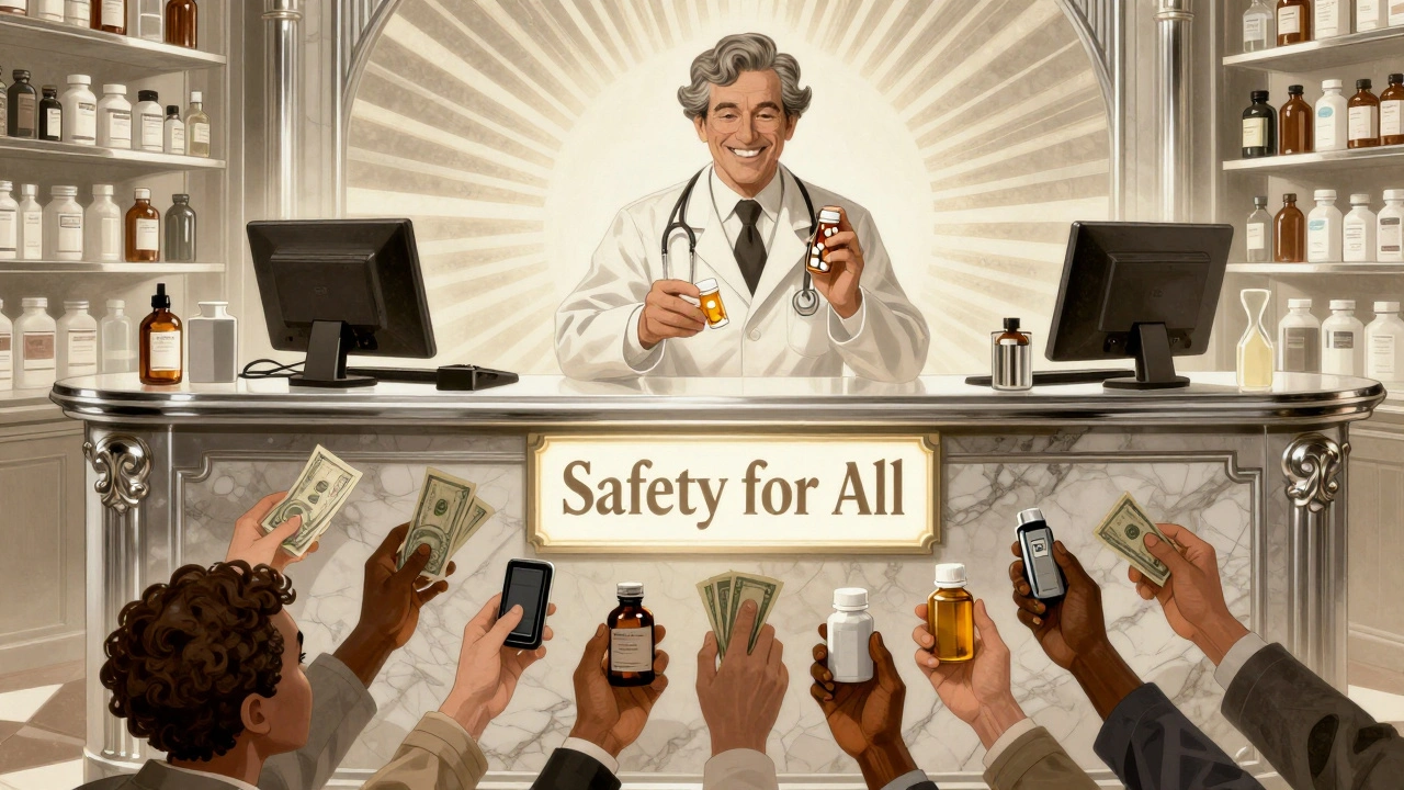 Un banco di farmacia Art Deco con mani diverse che cercano di raggiungere farmaci, simbolo di disparità nell&#039;accesso.