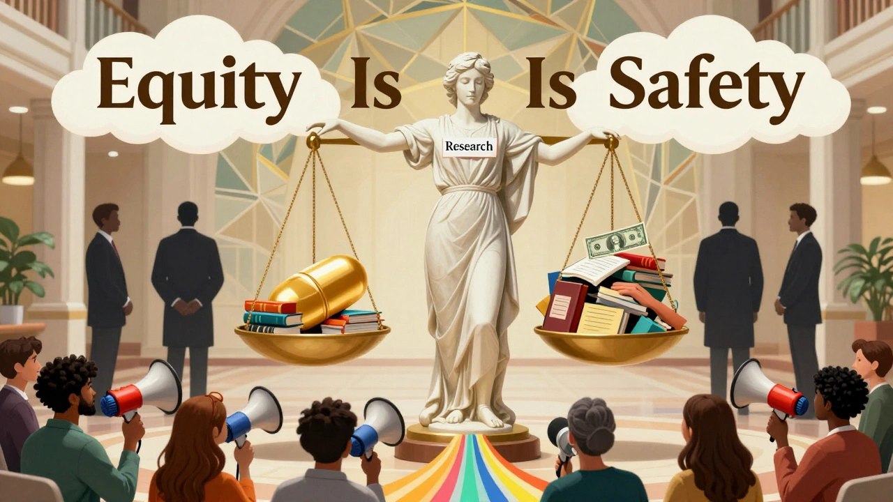 Una bilancia monumentale in stile Art Deco equilibra ricerca e voce dei pazienti, con comunità che chiedono equità.