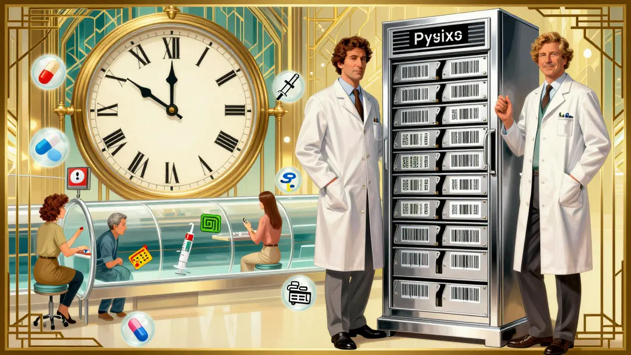 Armadio automatico per farmaci con codici a barre e icone digitali in stile art déco, circondato da pazienti e professionisti.